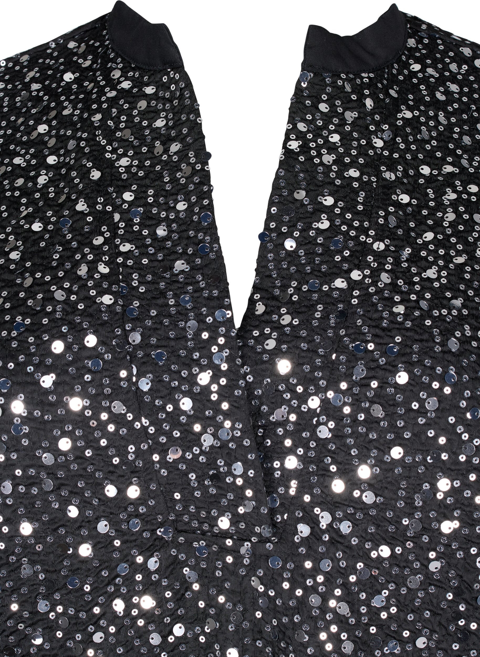 Zizzi Pailletkjole med V-udsk&aelig;ring og 3/4 &aelig;rmer, Black w. Sequins, Packshot image number 2