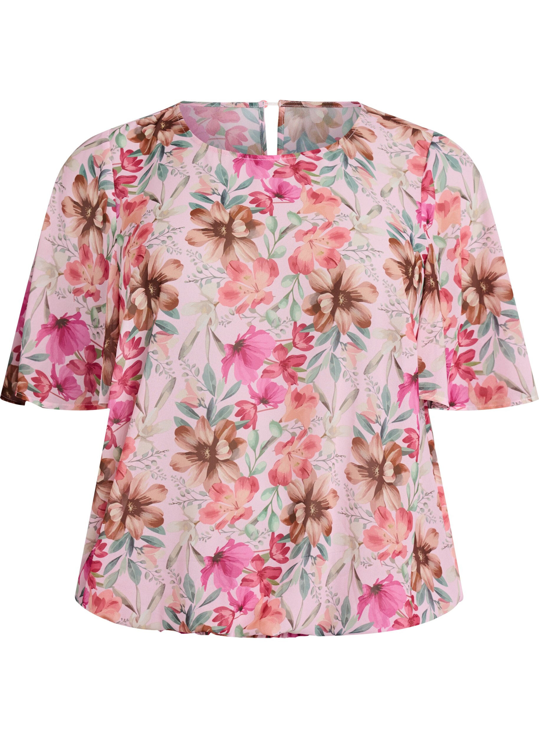 Blomstret bluse med korte &aelig;rmer og smock