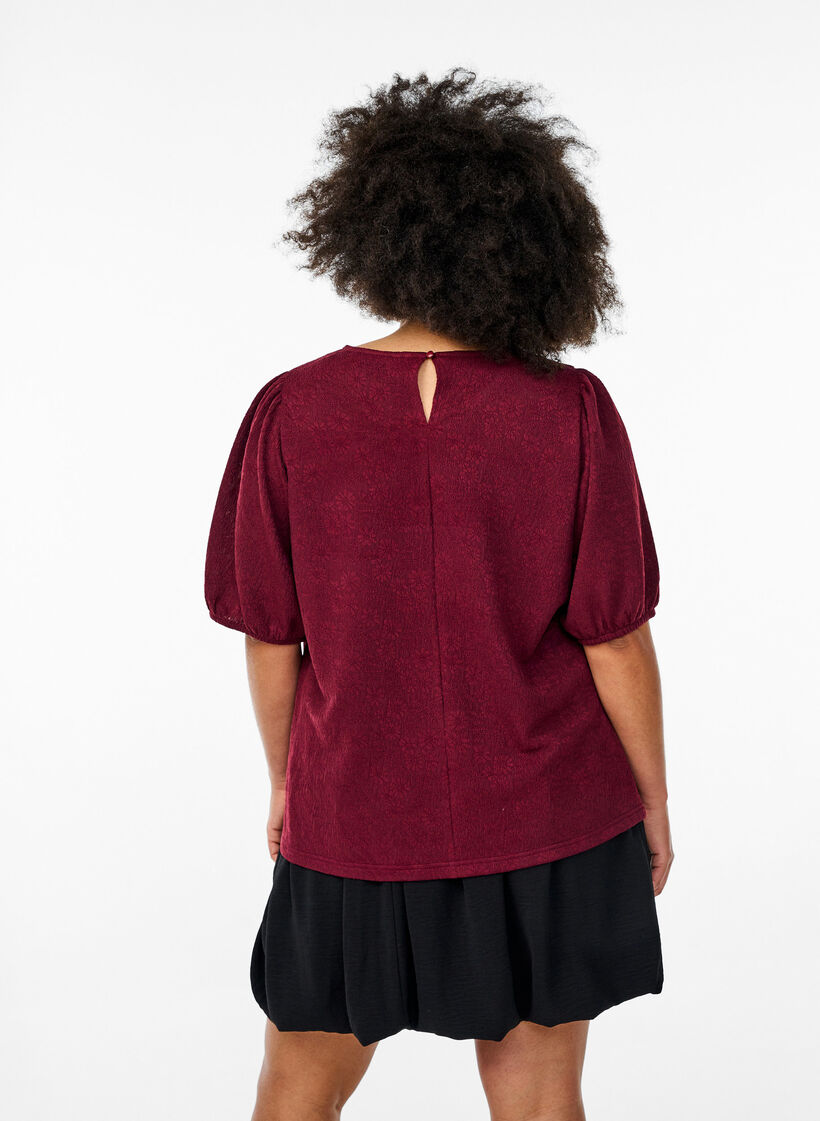Bluse med struktur og korte ærmer, Mørk Bordeaux, Model image number 2