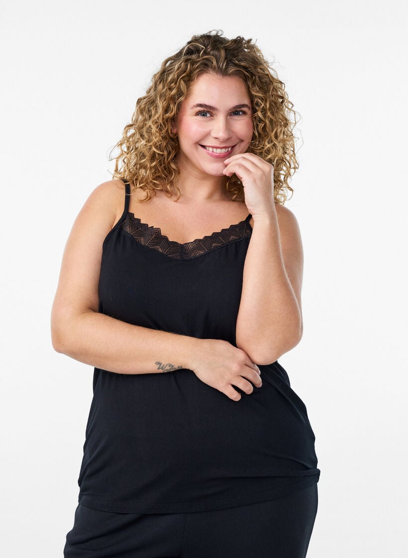 Top med blondedetalje og spaghettistropper, Sort, Model image number 0