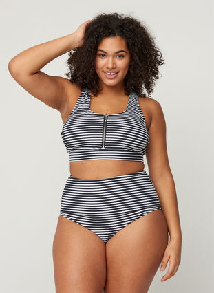 Stribet bikini top med lynlåsdetalje, Navy Striped, Model image number 2