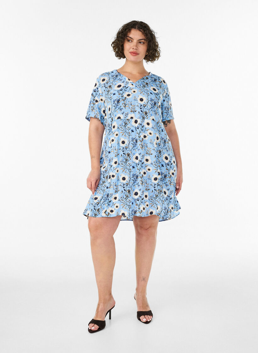 Kort kjole med blomsterprint, Bl&aring;, Model image number 1