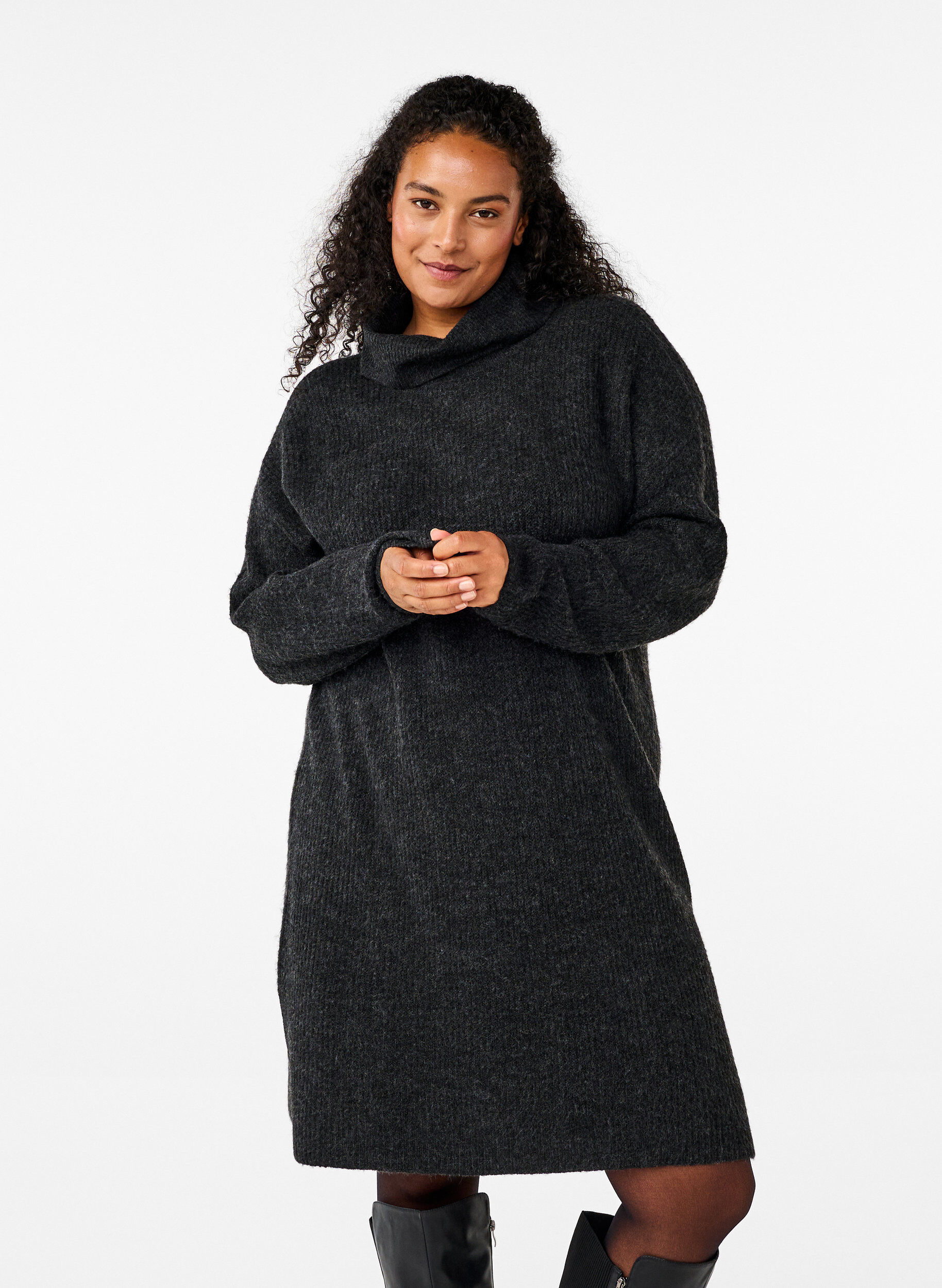ZizziStrikkjole med rullekrave, Gr&aring;, Model image number 0
