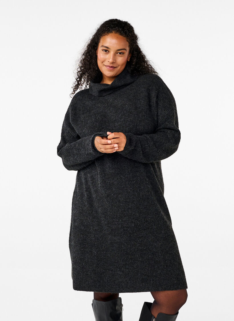 Strikkjole med rullekrave, Gr&aring;, Model image number 0