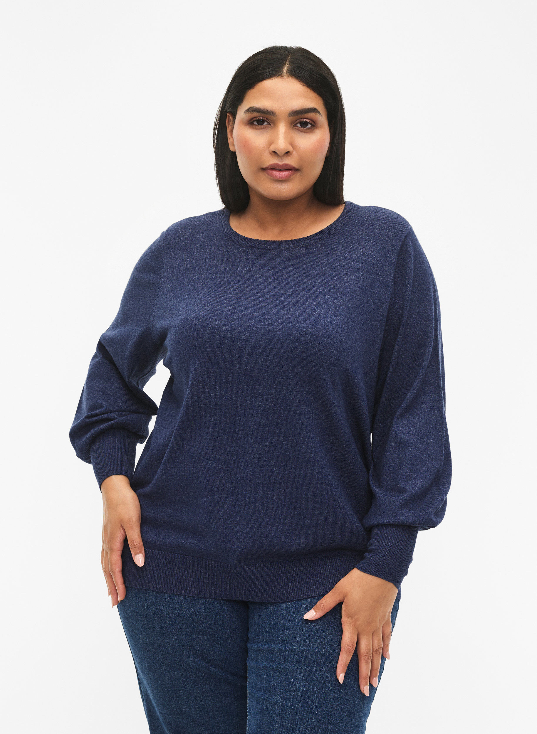 Zizzi Strikbluse med ballon&aelig;rmer , Dress Blues Mel., Model image number 0