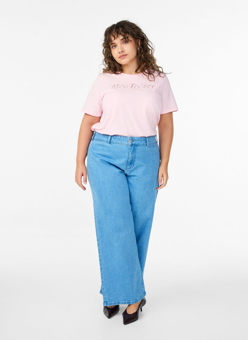 Bomulds t-shirt med dekorativ frontdetalje, Lyser&oslash;d, Model image number 1