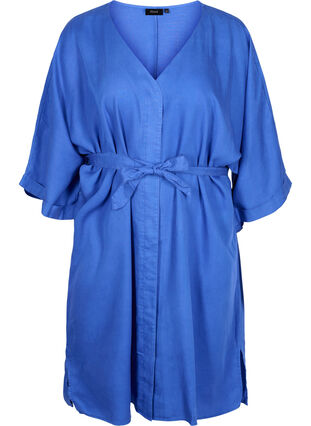 Kjole med 3/4 ærmer og bindebånd, Dazzling Blue, Packshot image number 0