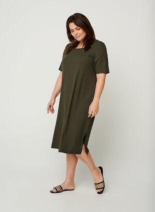 Rib kjole med korte ærmer, Dark Green, Model image number 2