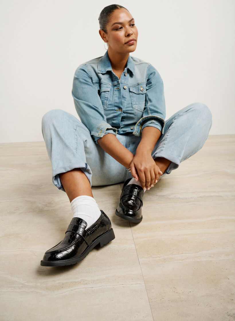 Wide fit croco loafers i læder, Black, Image image number 0