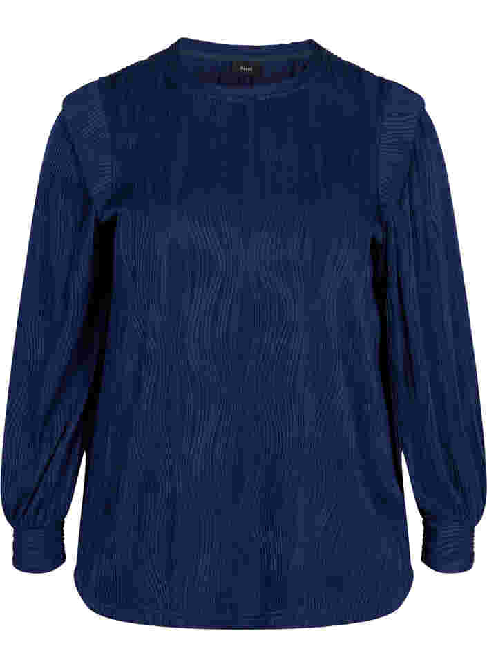 Strukturmønstret bluse med lange ærmer, Maritime Blue, Packshot image number 0