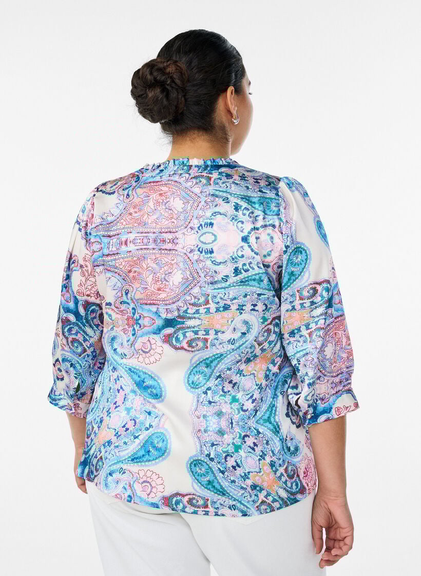 Bluse i satin-look med paisleyprint og 3/4-&aelig;rmer, Bl&aring;, Model image number 2