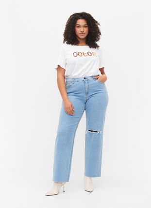 Højtaljede Gemma jeans med hul på knæet, Ex Lgt Blue, Model image number 0