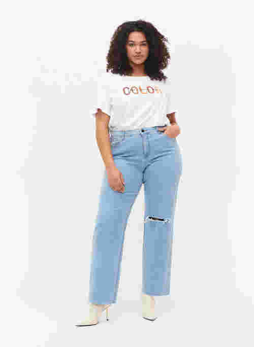 Højtaljede Gemma jeans med hul på knæet, Ex Lgt Blue, Model