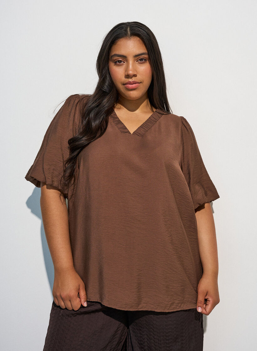 Bluse med ballon&aelig;rmer og V-udsk&aelig;ring, Brun, Model image number 0