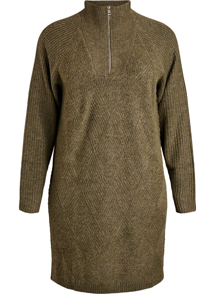 Knælang strikkjole med høj hals, Grøn, Packshot image number 0