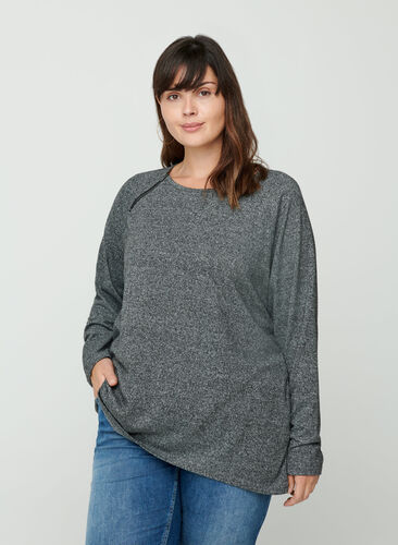 Meleret bluse med lynlås detalje, Dark Grey Melange, Model image number 0