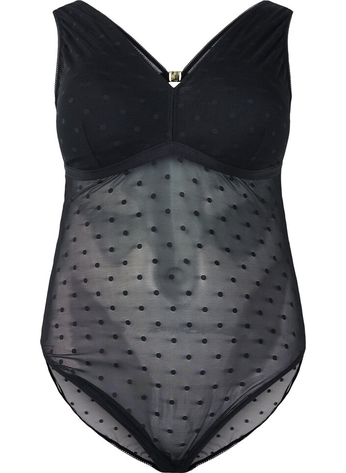 Bodystocking med prikket mesh og udtagelige puder, Black, Packshot image number 0