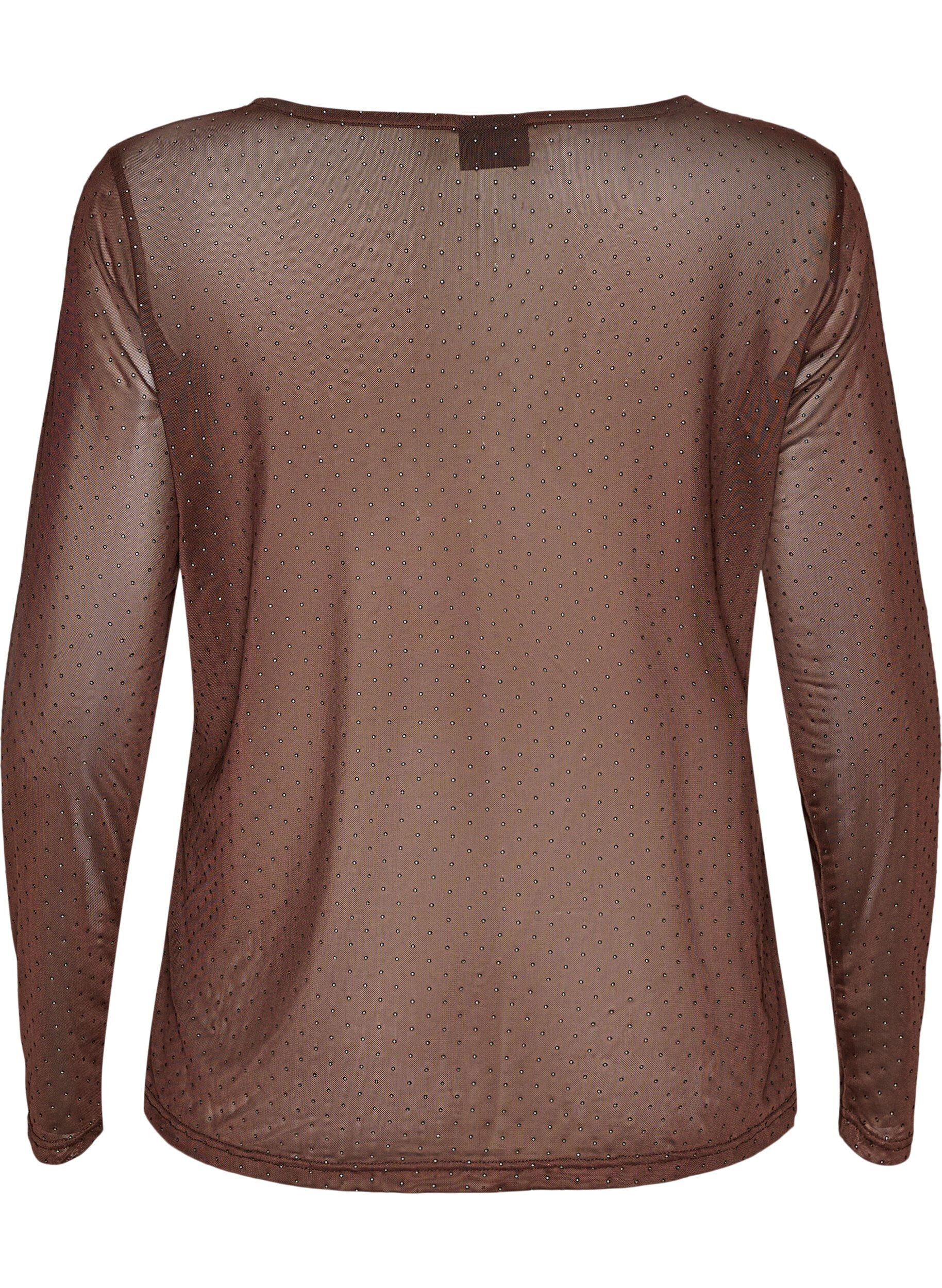ZizziTransparent meshbluse med rhinsten, Brun, Packshot image number 1