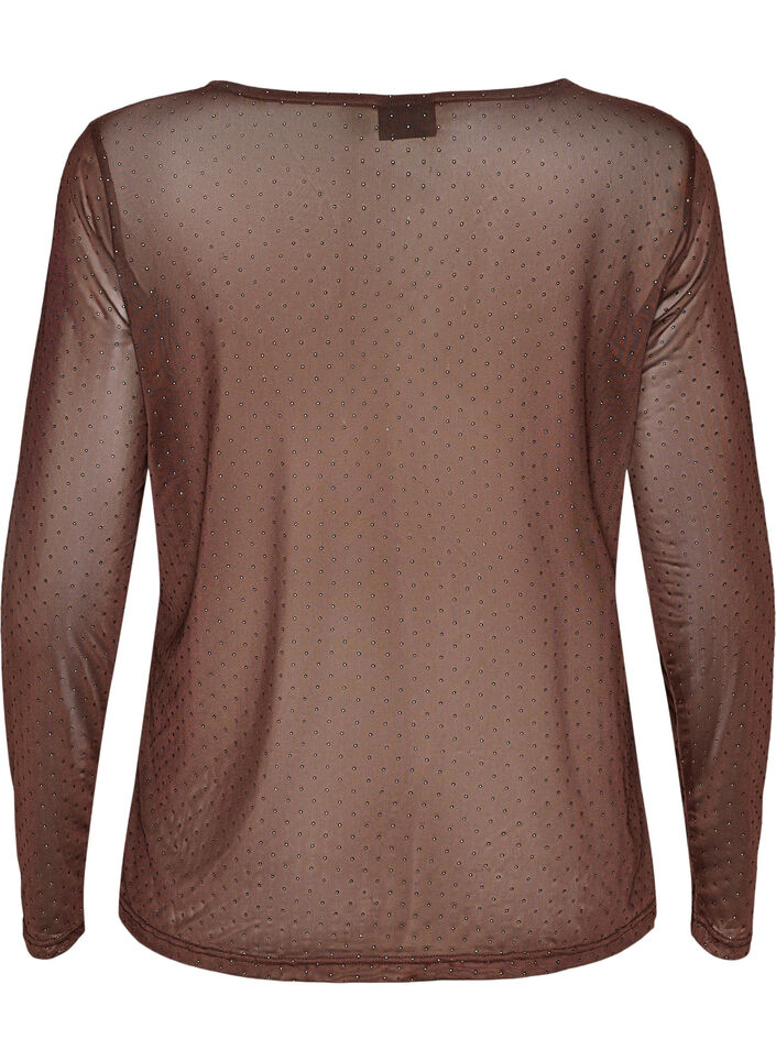 Transparent meshbluse med rhinsten, Brun, Packshot image number 1