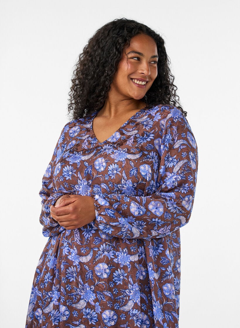 Midikjole med blomsterprint og fl&aelig;sekant, Brun, Model image number 2