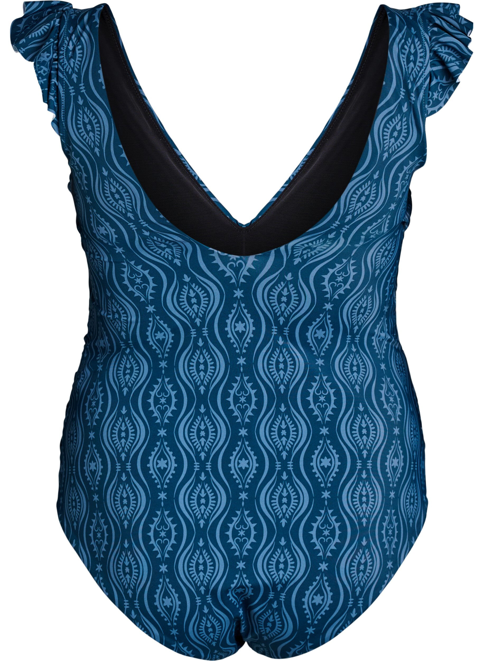 Zizzi M&oslash;nstret badedragt med fl&aelig;sedetaljer og draperinger, Bl&aring;, Packshot image number 1
