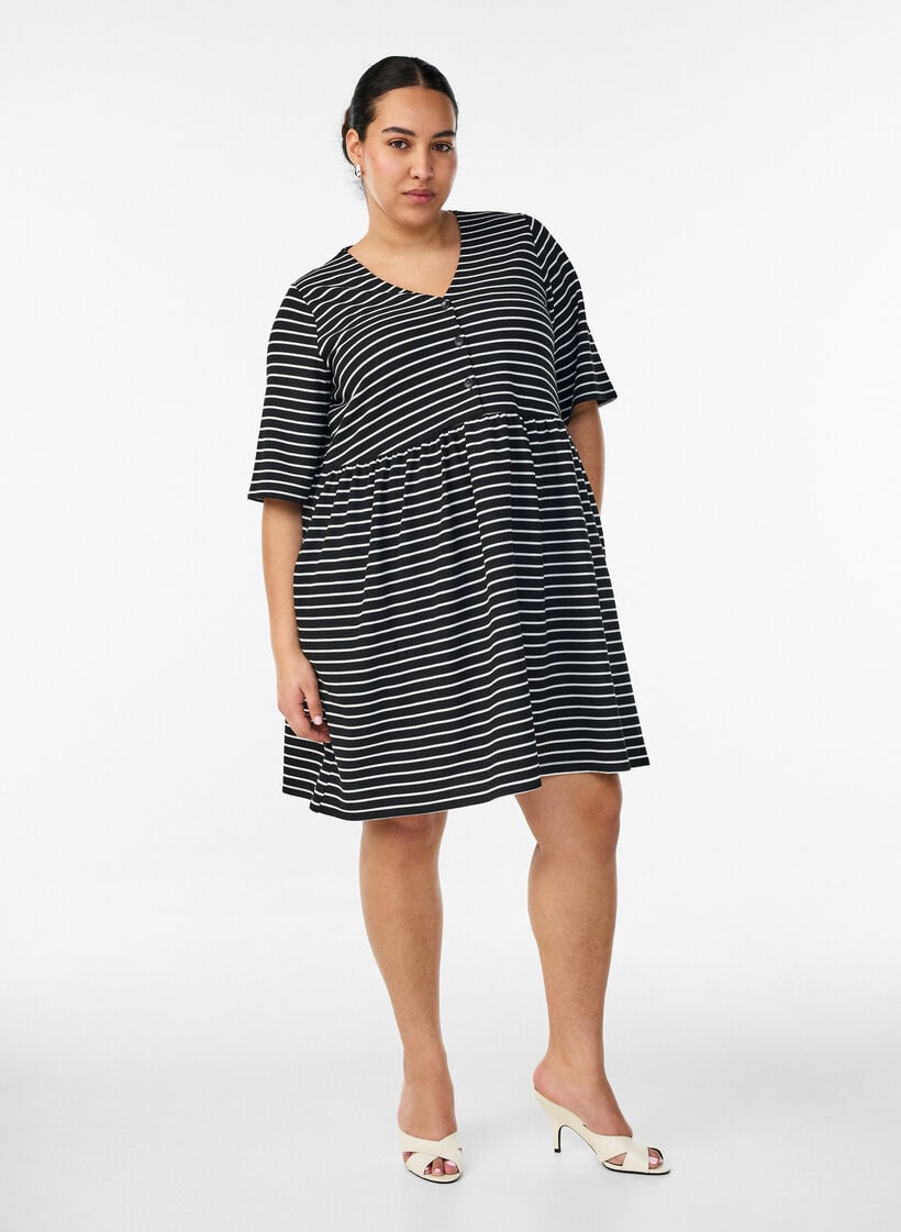 Kjole med ribbet struktur og empire sk&aelig;ring, Hvid, Model image number 1