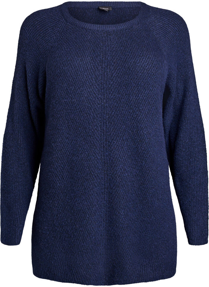 Strikbluse med diagonalt m&oslash;nster og raglan&aelig;rmer, Bl&aring;, Packshot image number 0