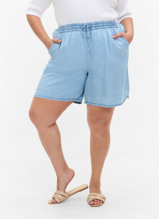 Løse shorts med bindesnøre og lommer, Light blue denim, Model image number 1