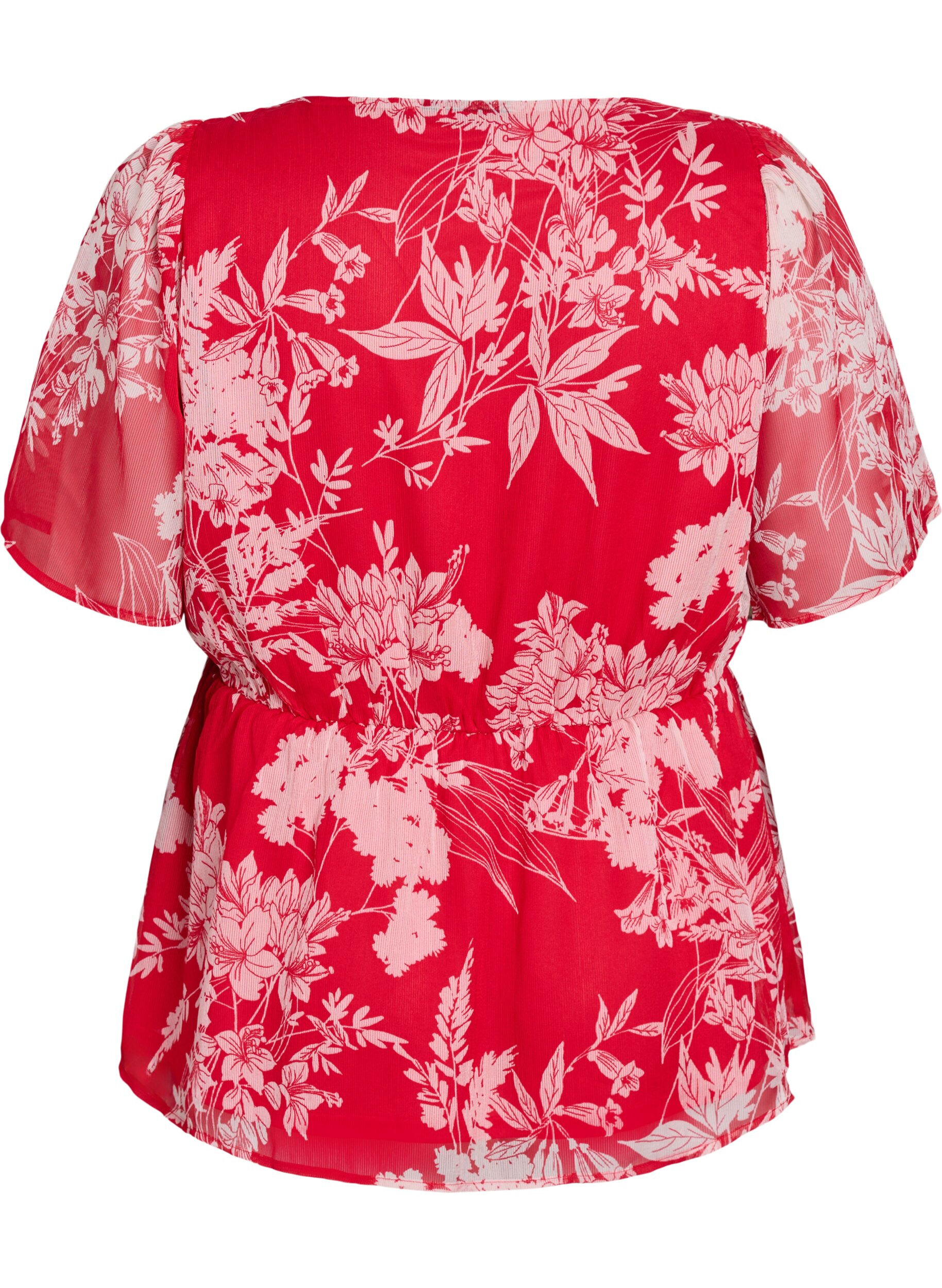 Zizzi Blomstret chiffonbluse med elastisk talje, R&oslash;d, Packshot image number 1