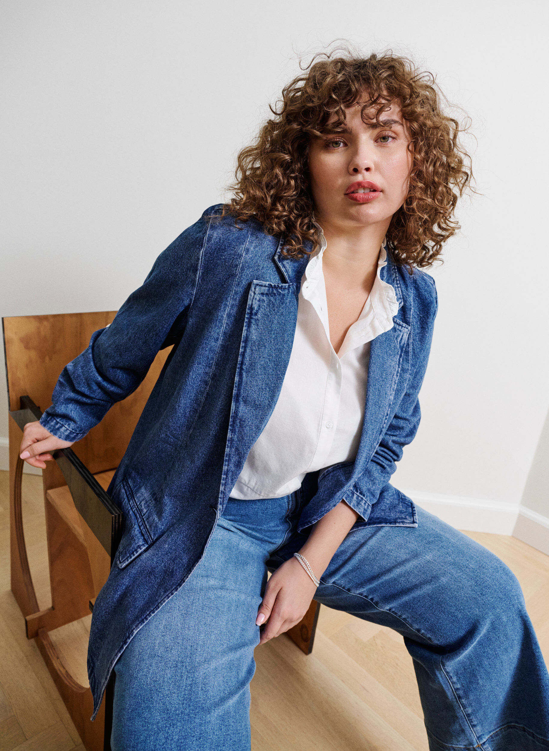 Zizzi Denim blazer med lommer, Blue Denim, Image image number 0