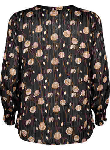 Printet bluse med smock og v-hals, Black Flower, Packshot image number 1