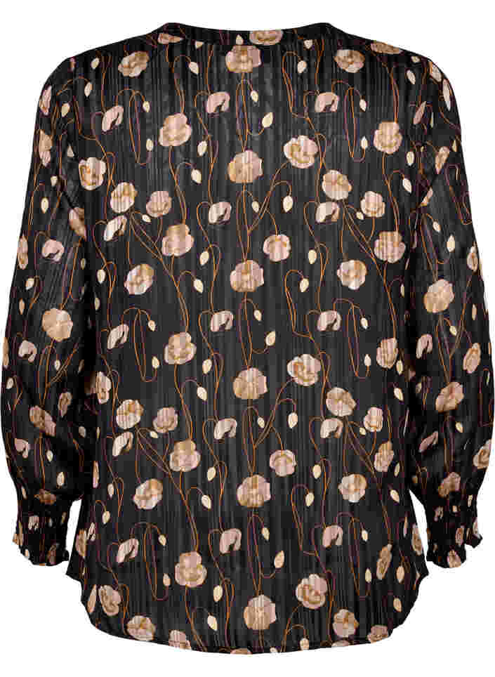 Printet bluse med smock og v-hals, Black Flower, Packshot image number 1