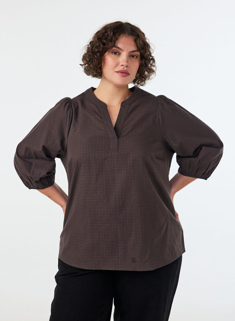 Ternet bluse med V-hals og 3/4-&aelig;rmer, Brun, Model image number 0