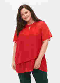Bluse med 2/4 ærmer i mønstret chiffon, Tango Red, Model