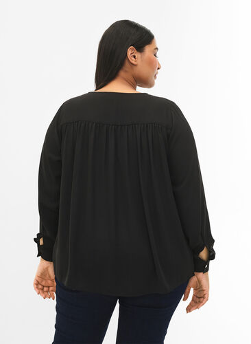 Langærmet bluse med rynker på ryggen, Black, Model image number 1