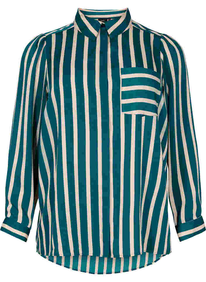 Stribet skjorte med lange ærmer, Green Stripe, Packshot image number 0