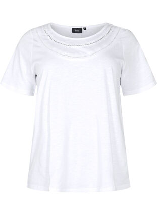 Bomulds t-shirt med blondebånd, Bright White, Packshot image number 0