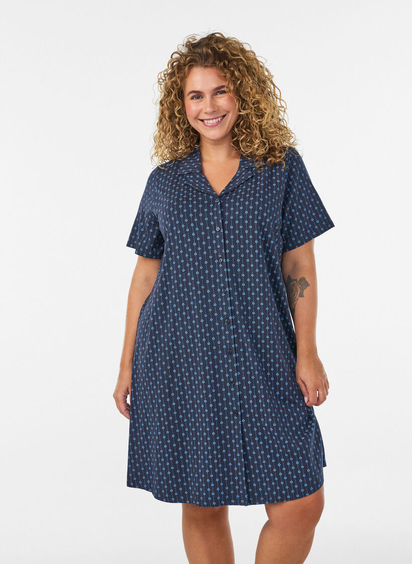Natkjole i bomuld med knaplukning, Bl&aring;, Model image number 0