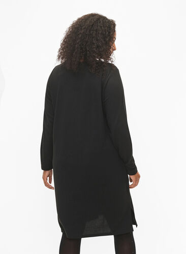 Langærmet jerseykjole med knappe detalje, Black, Model image number 1