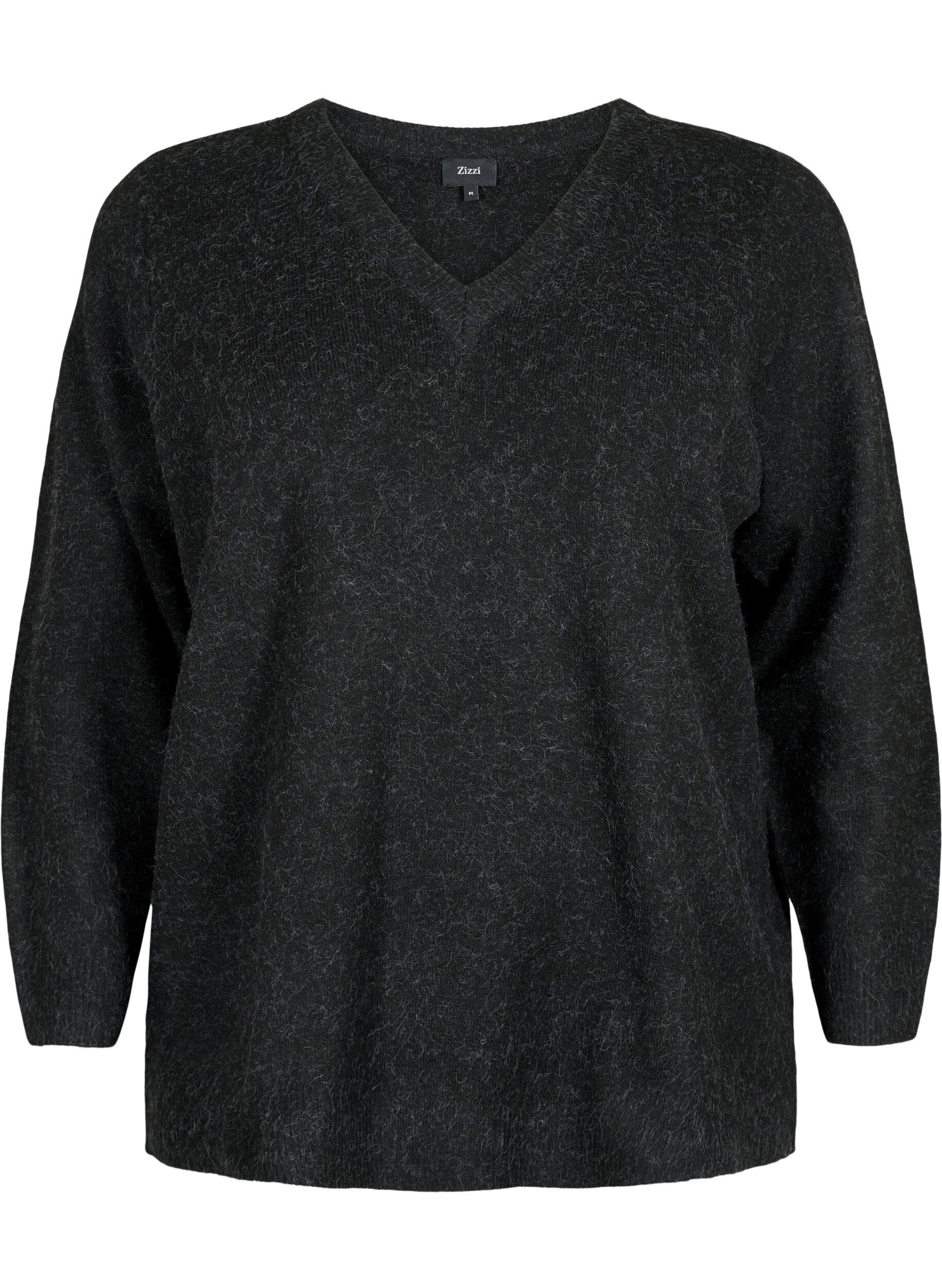 Zizzi Meleret strikbluse med v-hals, Dark Grey Melange, Packshot image number 0