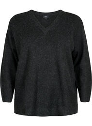 Meleret strikbluse med v-hals, Dark Grey Melange