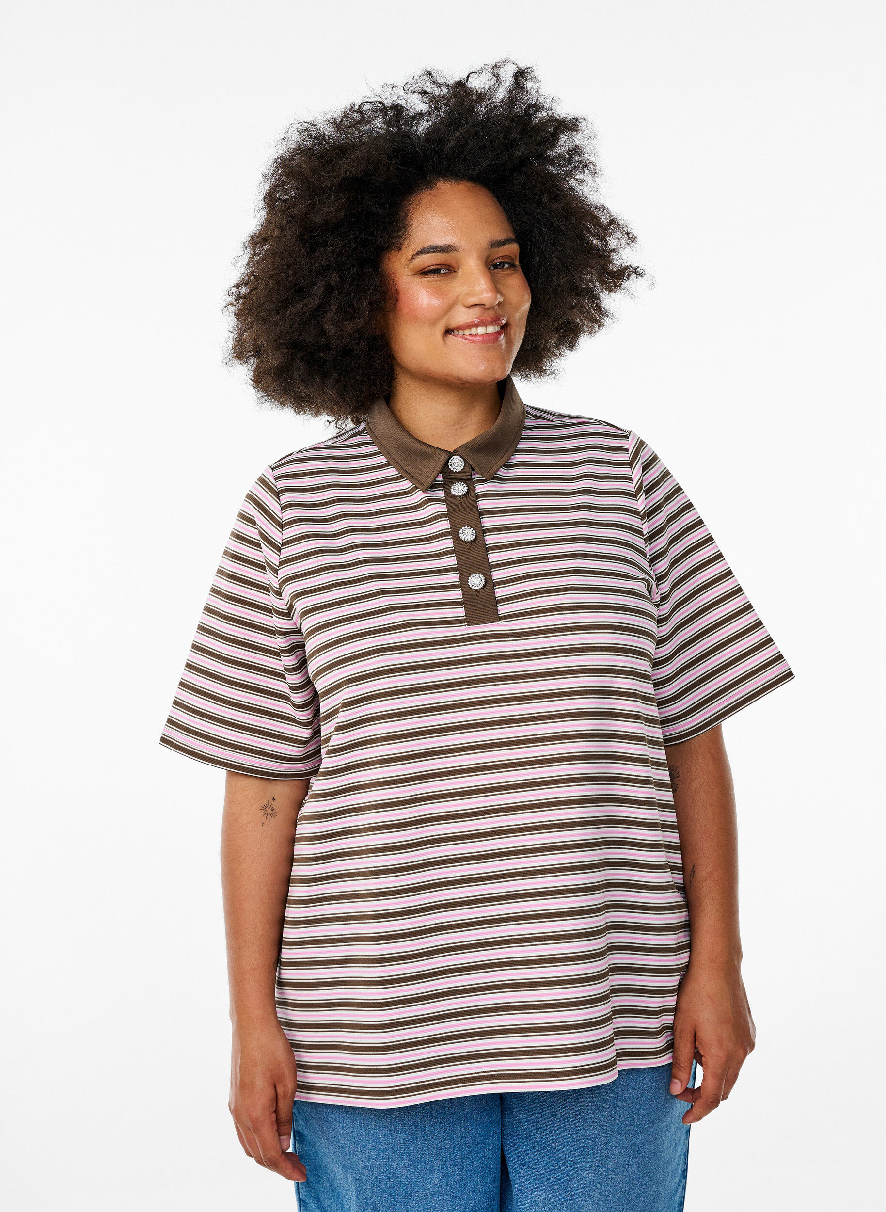 Stribet poloshirt med korte &aelig;rmer og knapper, Brun, Model
