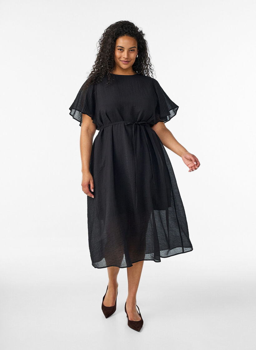 Ankellang kjole med vinge&aelig;rmer og bindeb&aring;nd, Sort, Model image number 0