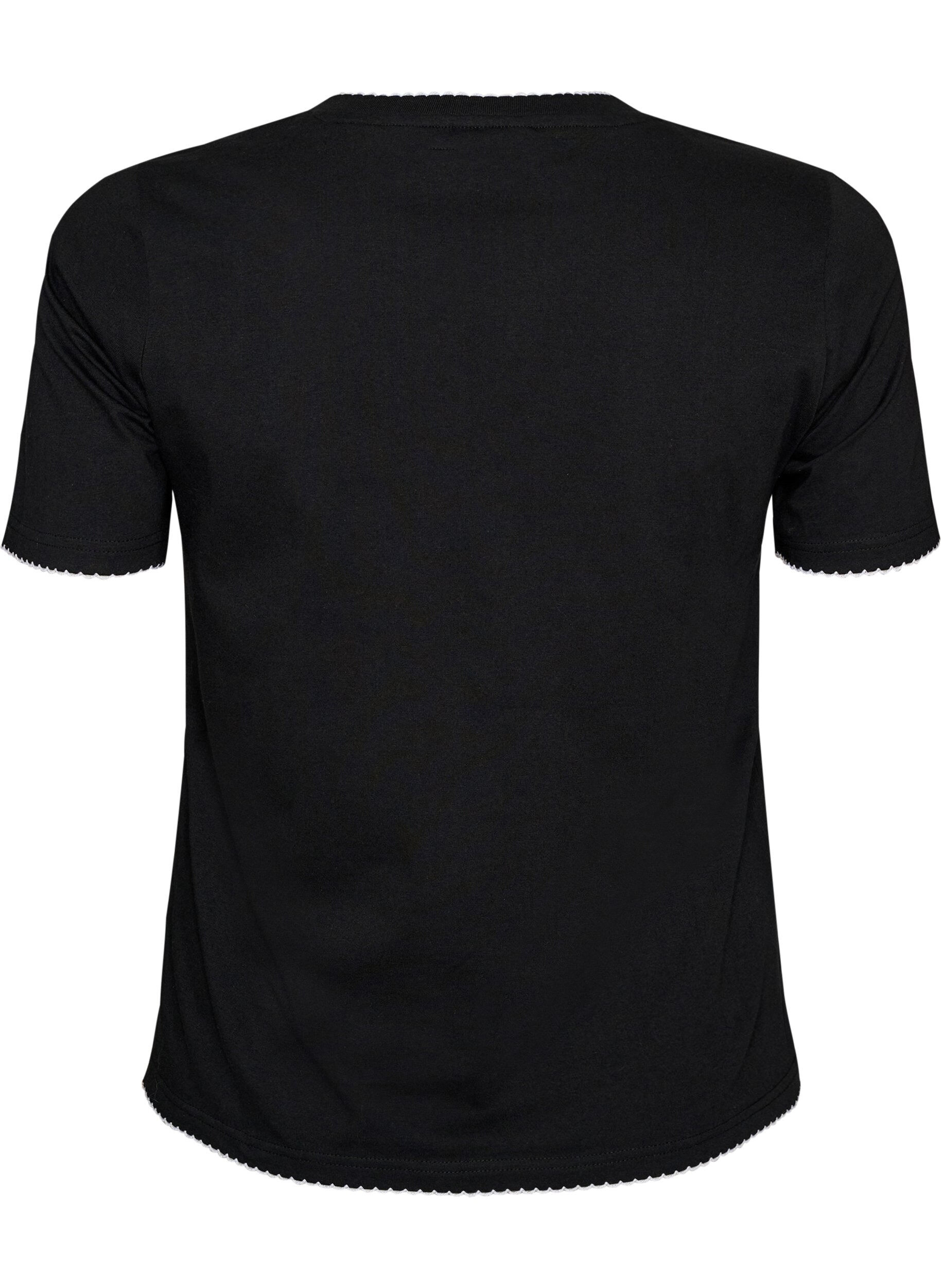 ZizziT-shirt i bomuld med b&oslash;lgede kontrastkanter, Sort, Packshot image number 1
