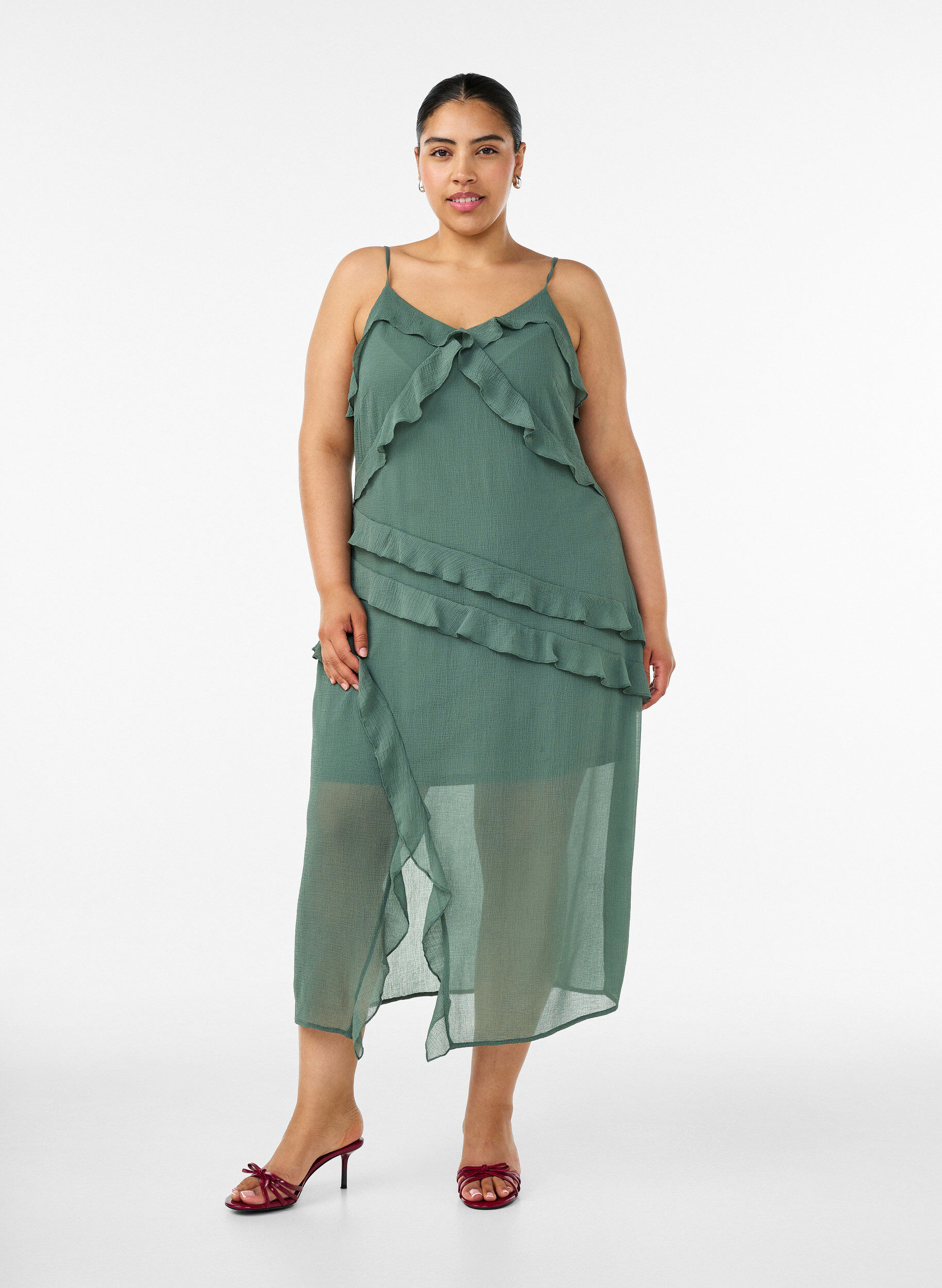 Chiffonkjole med asymmetriske fl&aelig;ser, Gr&oslash;n, Model