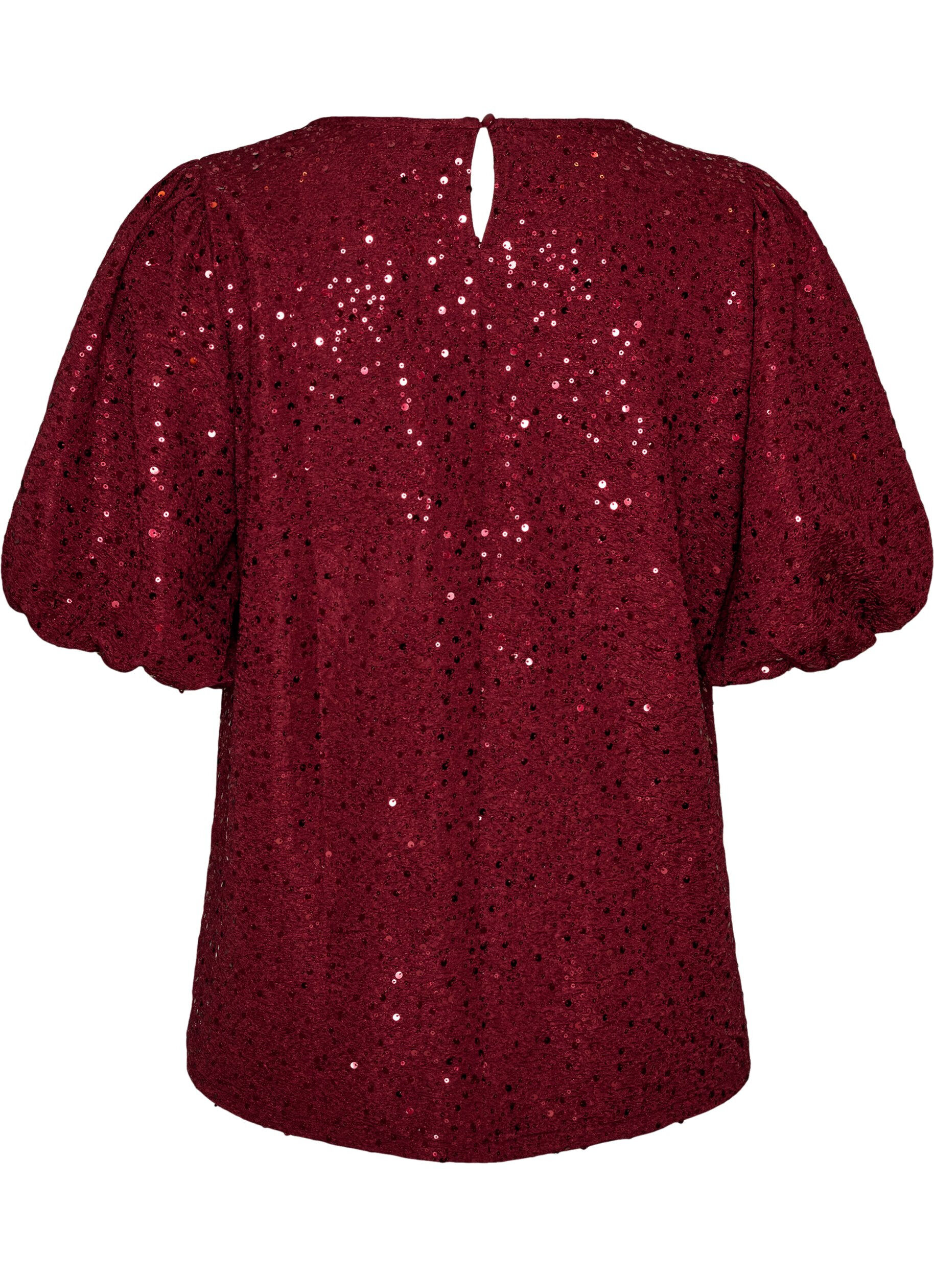 ZizziPailletbluse med ballon&aelig;rmer, R&oslash;d, Packshot image number 1