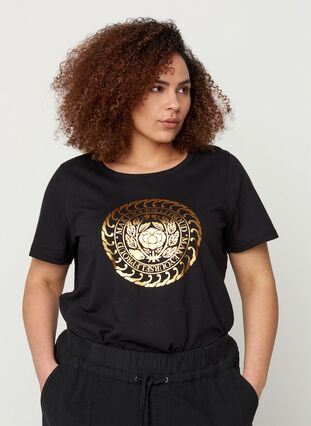 Bomulds t-shirt med guldfarvet tryk, Black, Model image number 0