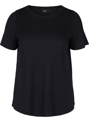 Ensfarvet rib t-shirt med korte ærmer, Black, Packshot image number 0