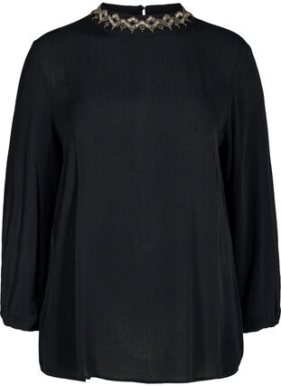 Langærmet viskose bluse med perler, Black, Packshot image number 0