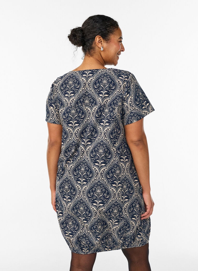Kort&aelig;rmet bomuldskjole med print, Bl&aring;, Model image number 2